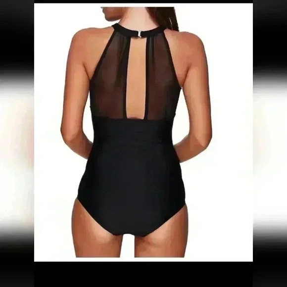 Tempt Me High Neck Mesh Ruched One Piece Swimsuit Black Size Small - Picture 6 of 6